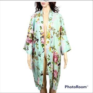 Impressionism Mint Green Floral Print Long Sleeve Cover-Up XL